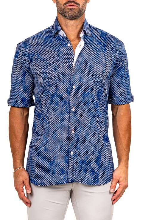 Galileo Marthyr0233 Blue Short Sleeve Button-Up Shirt