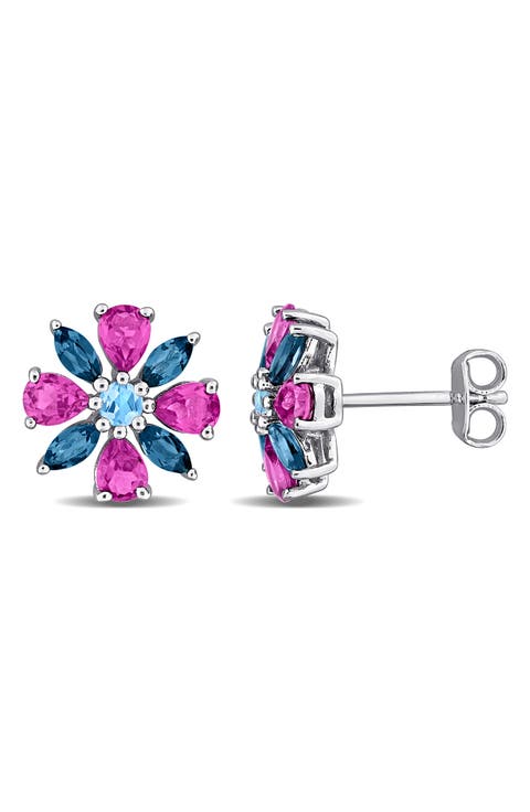 Rhodolite Garnet & Topaz Flower Stud Earrings