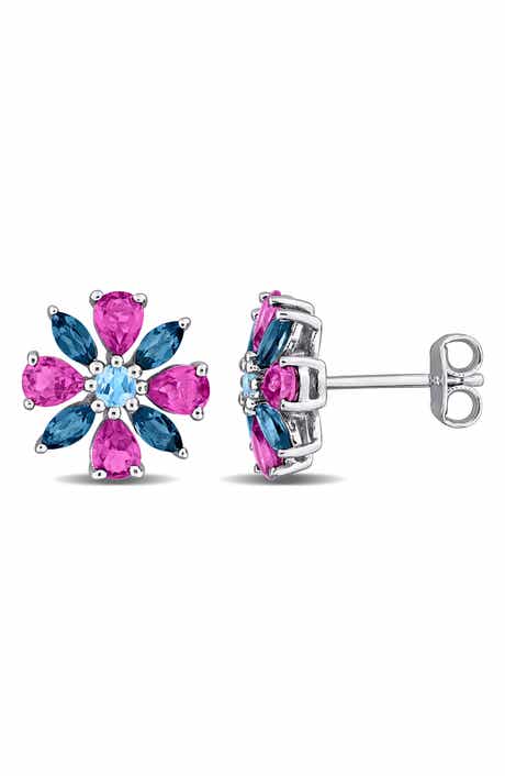 Rhodolite Garnet & Topaz Flower Stud Earrings