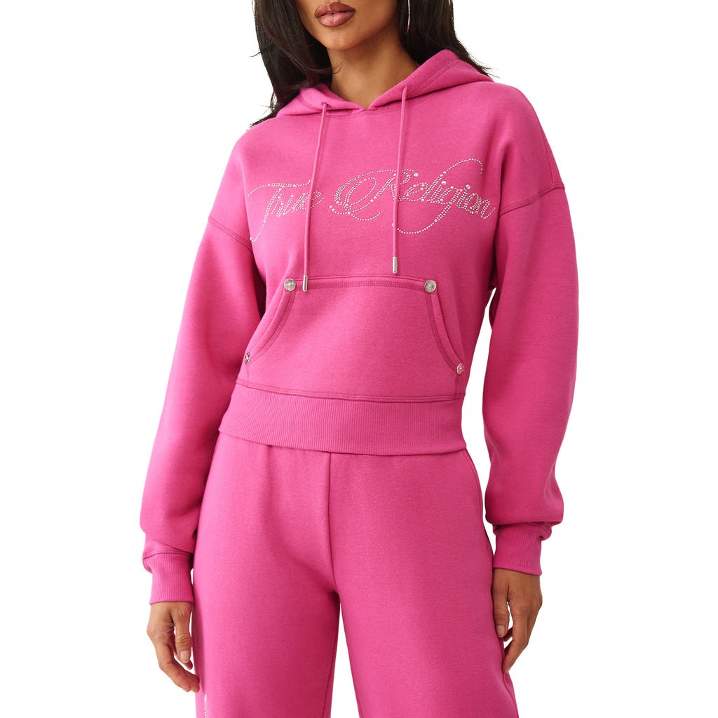 True Religion Rhinestone Logo Crop Hoodie In Pink