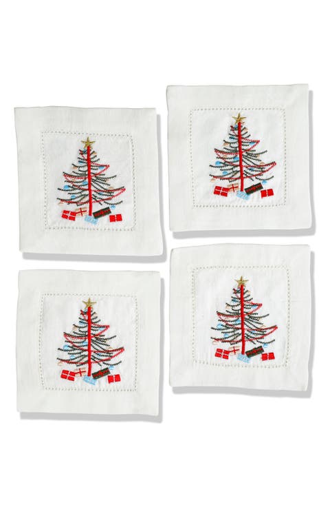 Embroidered Set of 4 Holiday Cocktail Napkins