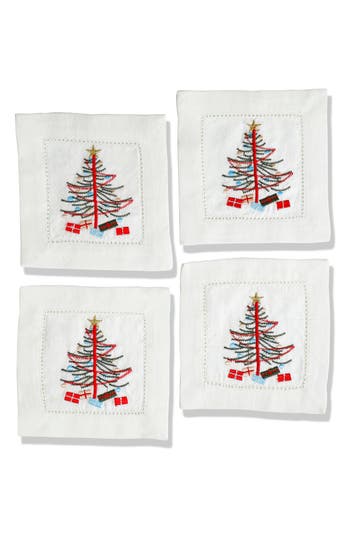 Tiramisu Embroidered Set Of 4 Holiday Cocktail Napkins In White
