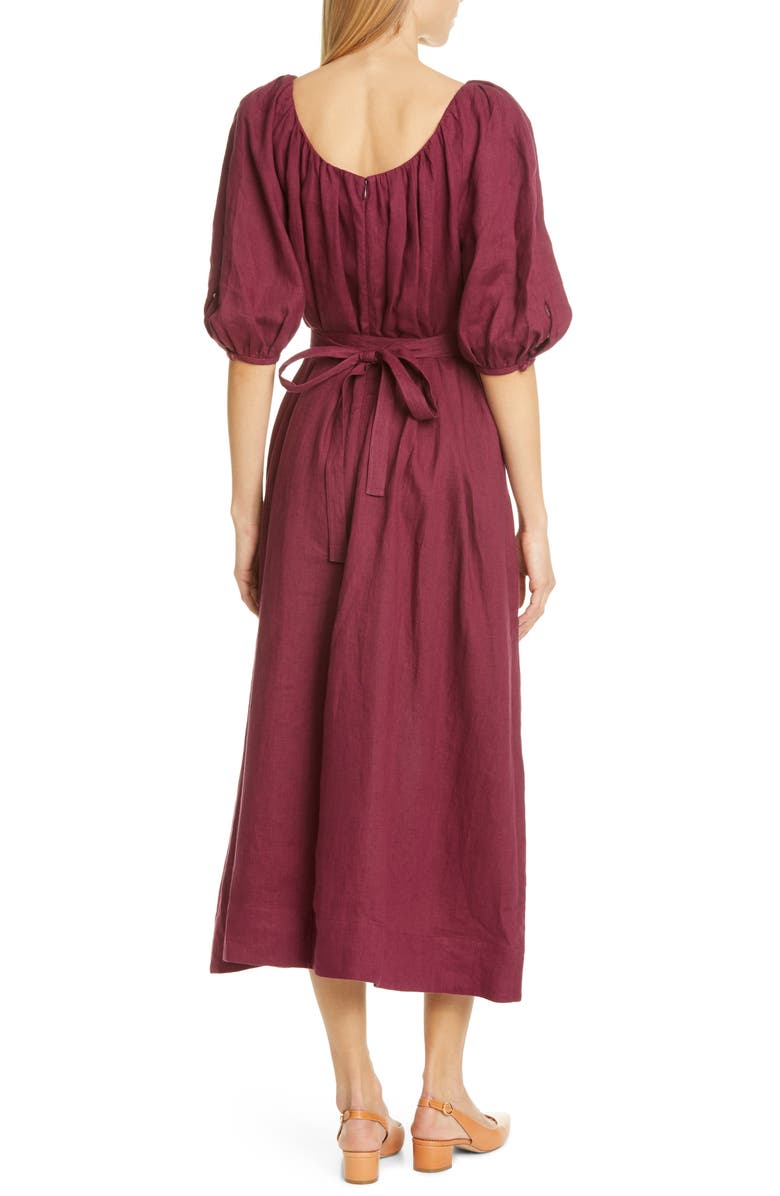 Mansur Gavriel Balloon Sleeve Linen Midi Dress, Alternate, color, 