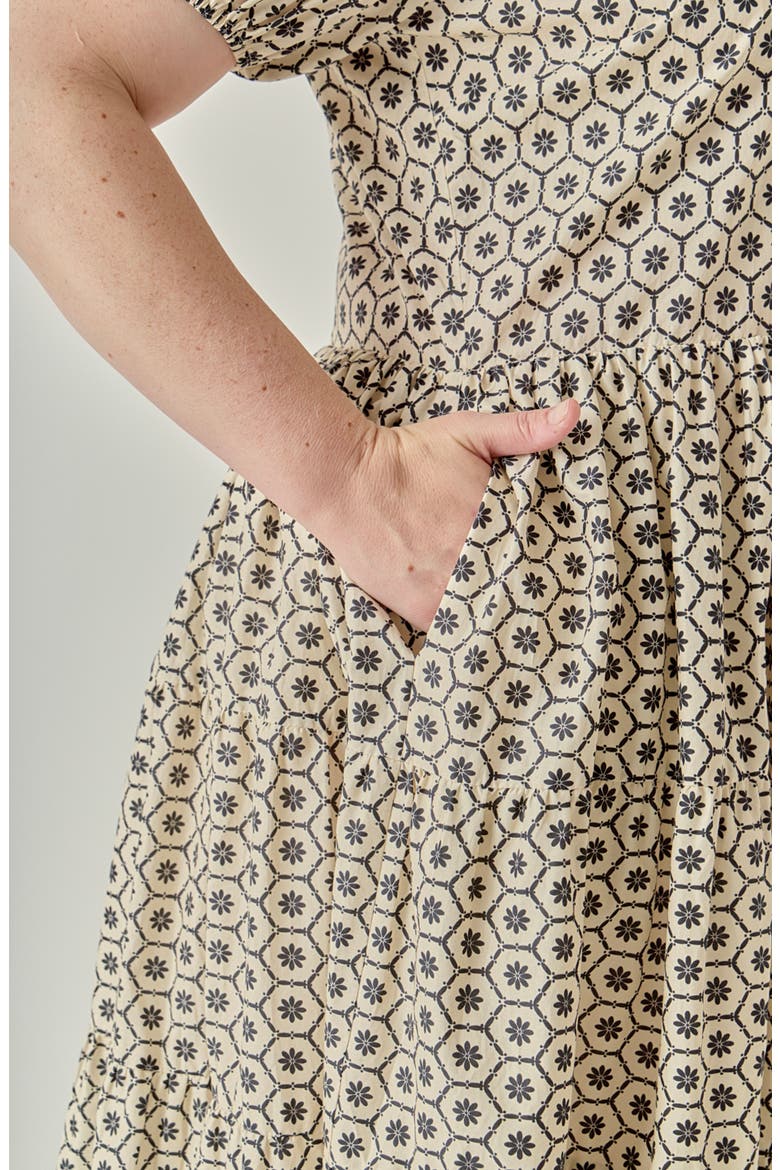 Print Puff Sleeve Midi Dress, Alternate, color, BEIGE/ BLACK