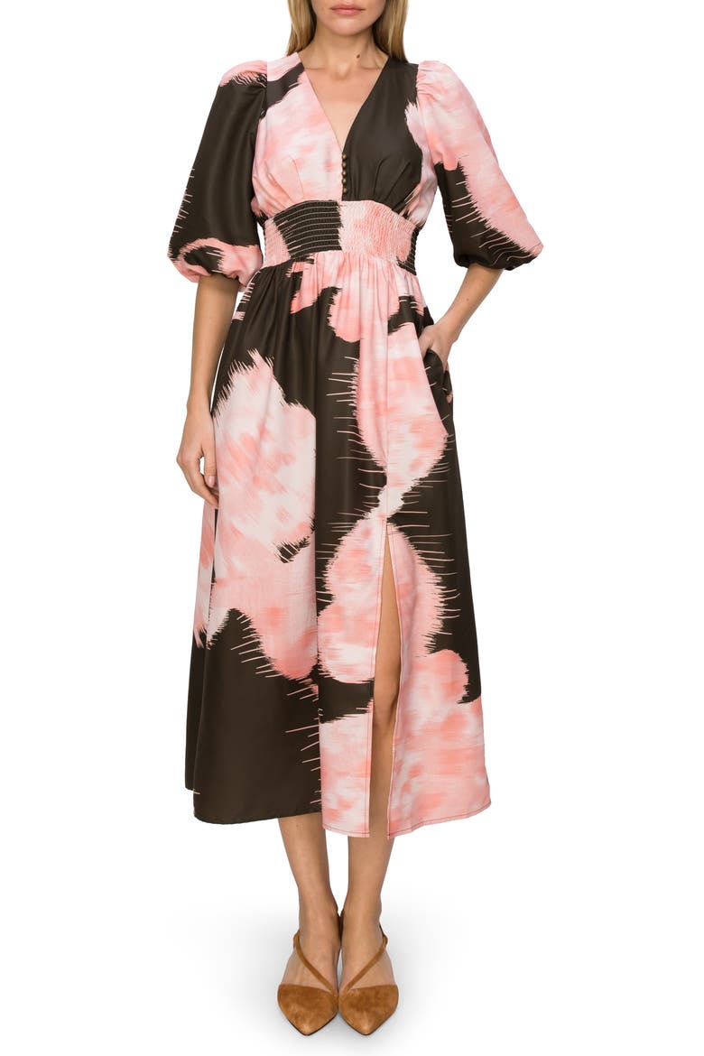Print Puff Sleeve Midi Dress, Main, color, OLIVE BLUSH