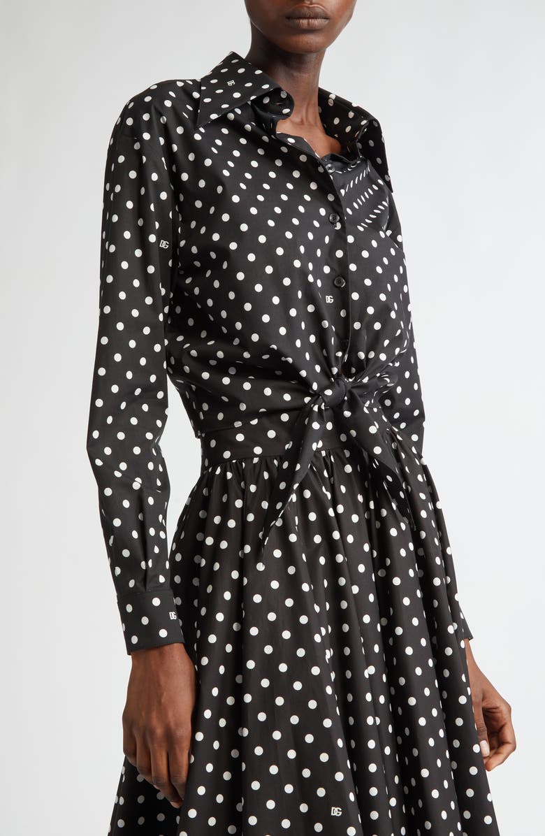 Dolce&Gabbana Polka Dot Long Sleeve Button-Up Crop Shirt, Alternate, color, Hnzqw Pois Picc 0 8 F.nero