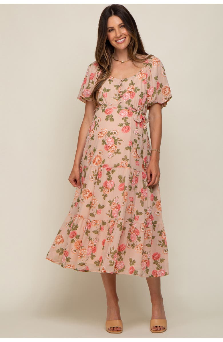 PinkBlush Floral Button Puff Sleeve Midi Dress, Main, color, Pink