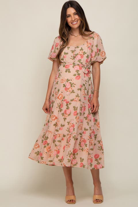 Floral Button Puff Sleeve Midi Dress