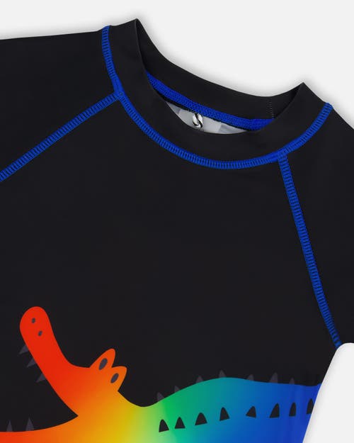 DEUX PAR DEUX DEUX PAR DEUX LITTLE BOY'S SHORT SLEEVE RASHGUARD BLACK AND MULTICOLORED CROCODILES 