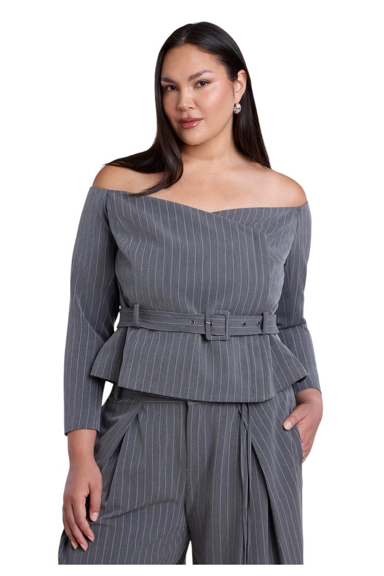 Off The Shoulder Belted Blazer Top, Main, color, DARK HEATHER GREY