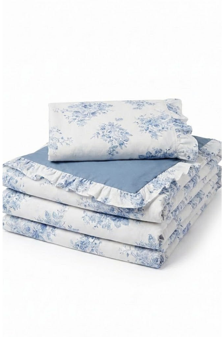 French Ruffle Floral Bedding Set, Main, color, Blue Floral / Flat