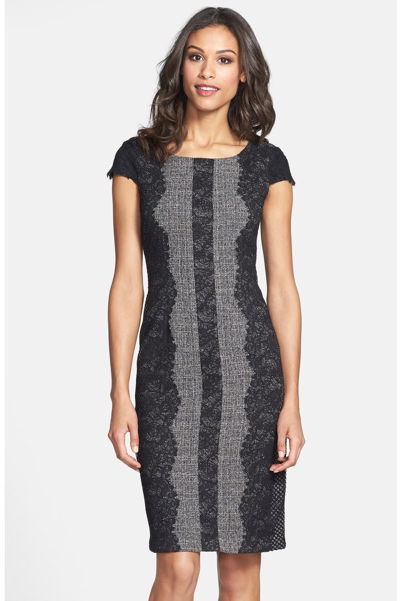 Lace Trim Tweed Sheath Dress, Alternate, color, BLACK/ GREY