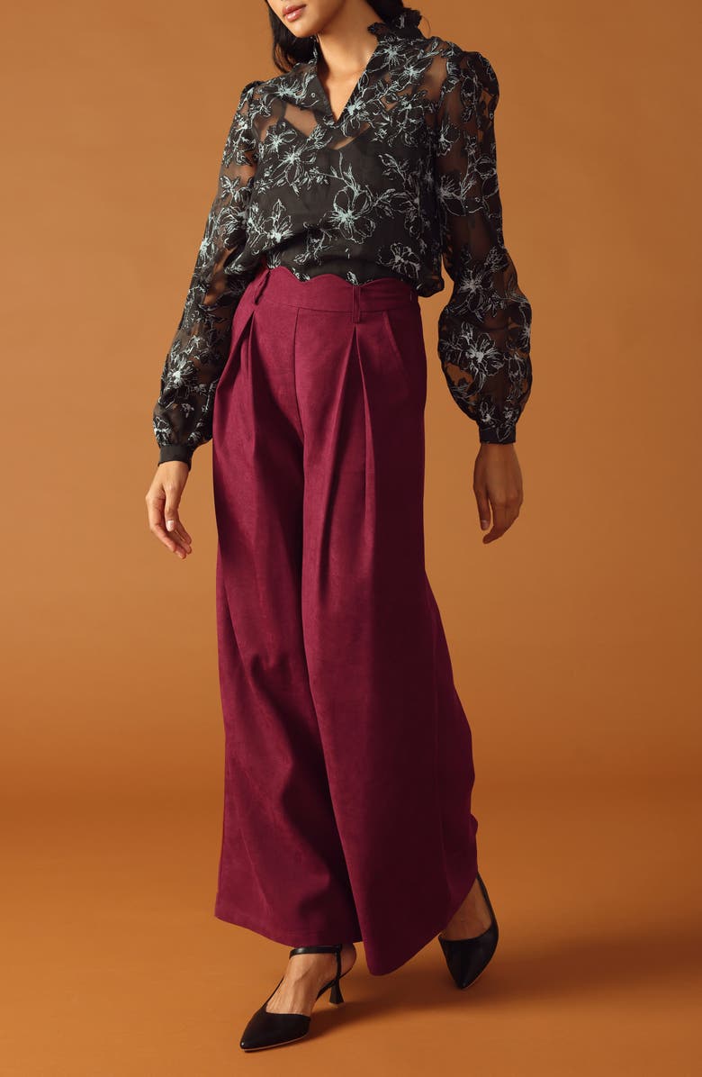 FLYING TOMATO Scalloped Waist Wide Leg Pants, Alternate, color, Wine