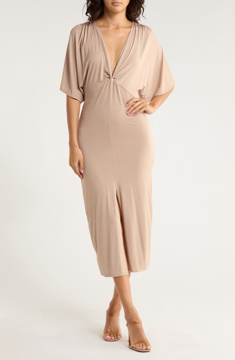 GO COUTURE Flutter Sleeve Midi Dress, Main, color, Almond Ponte