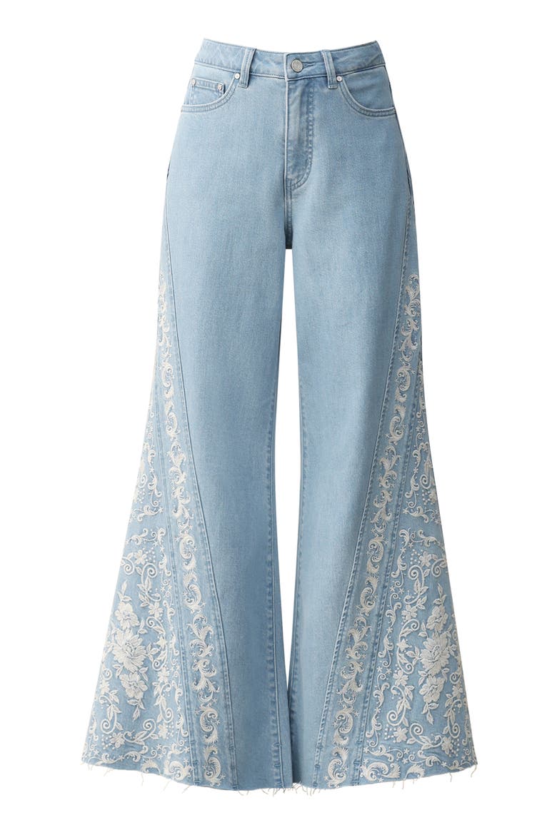 Embroidered High Waist Raw Hem Flare Jeans, Alternate, color, LIGHT BLUE