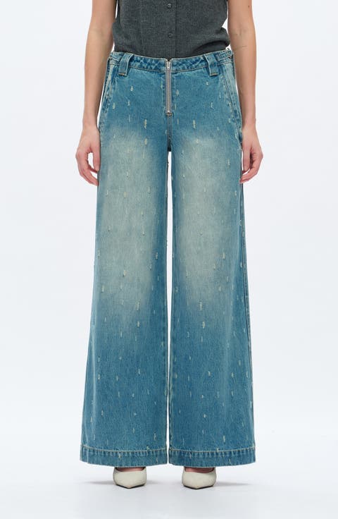 Distressed Low Rise Wide Leg Jeans (Vintage Medium Blue)
