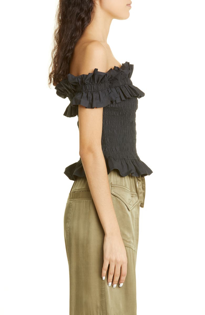Ganni Shirred & Smocked Off the Shoulder Organic Cotton Top, Alternate, color,