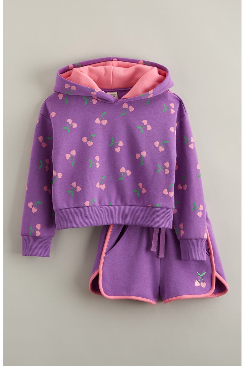Kids' Cotton Blend Fleece Hoodie & Shorts Set, Main, color, PURPLE CHERRY HEARTS- PURPLE