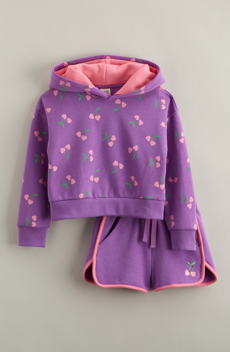 Tucker + Tate Kids' Cotton Blend Fleece Hoodie & Shorts Set, Main, color, Purple Cherry Hearts- Purple