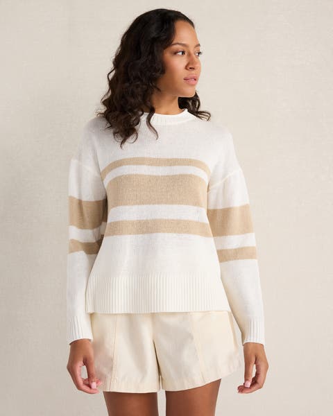 Cotton Linen Stripe Roll Neck Sweater