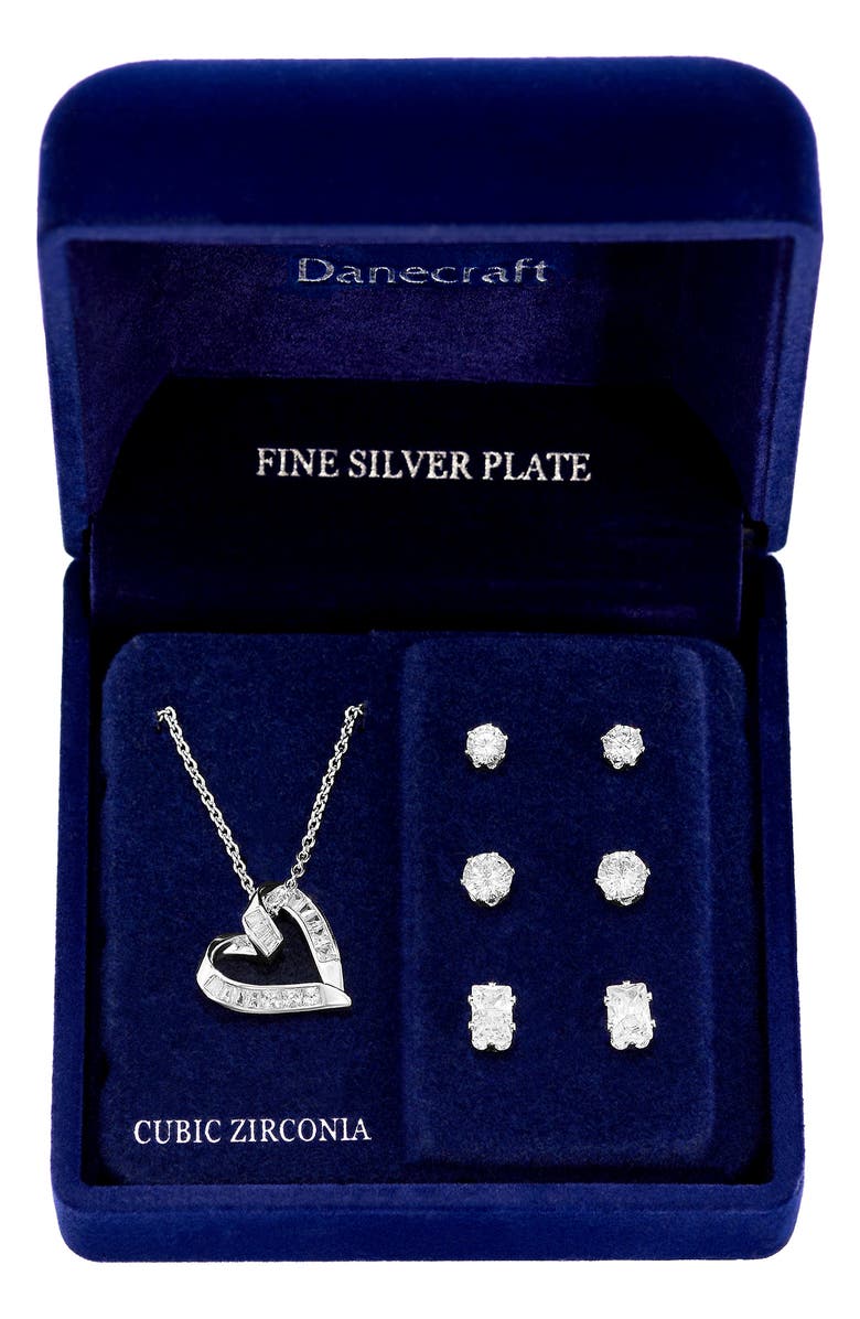 Danecraft CZ Heart Pendant Necklace & Earrings Set, Main, color, 