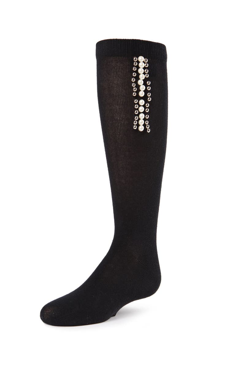 MeMoi Pearls and Stripes Jeweled Knee High Socks, Main, color, Black