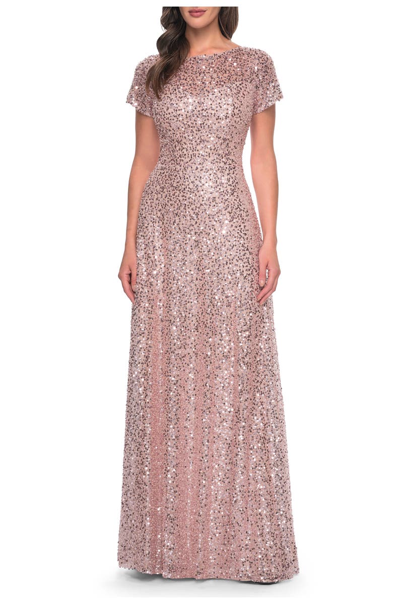 La Femme Stunning Beaded Gown with Short Sleeves, Main, color, Mauve