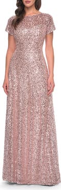 La Femme Stunning Beaded Gown with Short Sleeves