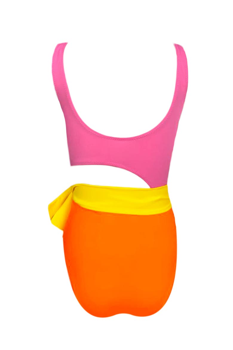 Kids' Cut-Out Yellow Belt Pop - One Piece Girl Swimsuit, Alternate, color, Pink-Orange