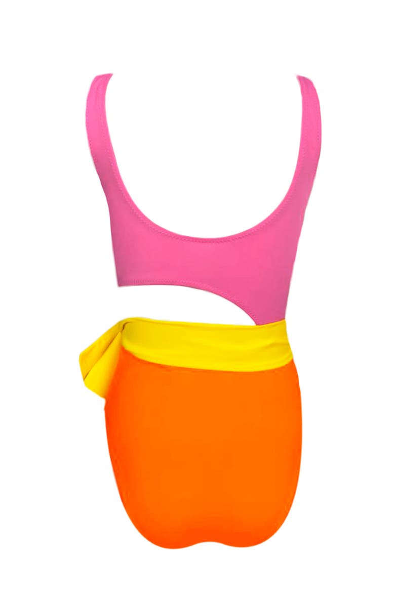 NESSI BYRD Kids' Cut-Out Yellow Belt Pop - One Piece Girl Swimsuit, Alternate, color, Pink-Orange