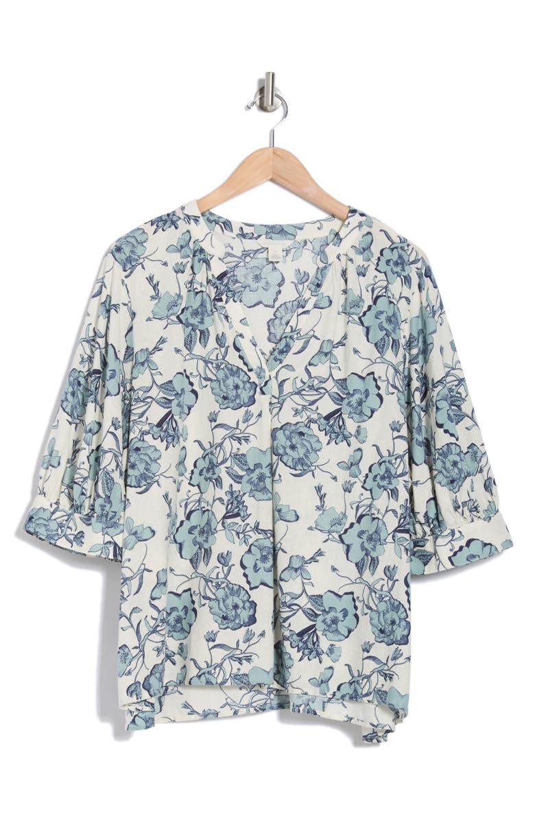Caslon<sup>®</sup> Floral Elbow Sleeve Linen Blend Popover Top, Alternate, color,