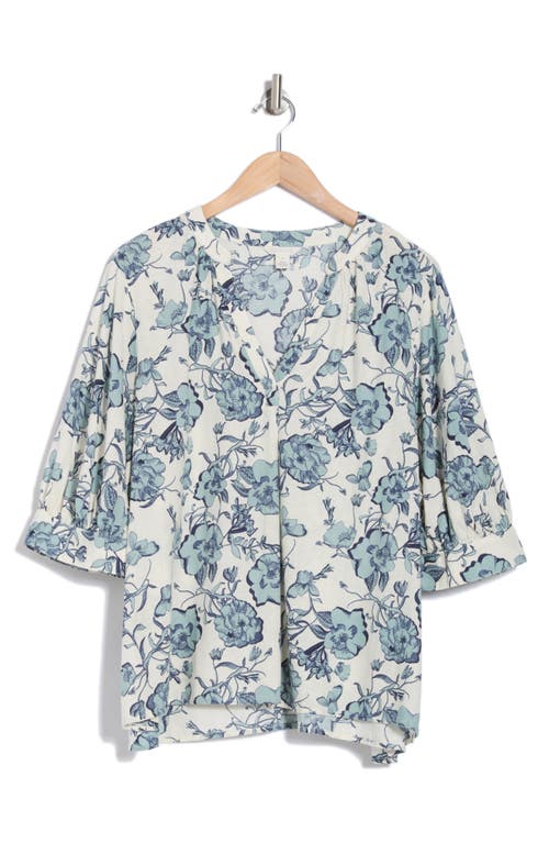 CASLON CASLON® FLORAL ELBOW SLEEVE LINEN BLEND POPOVER TOP 