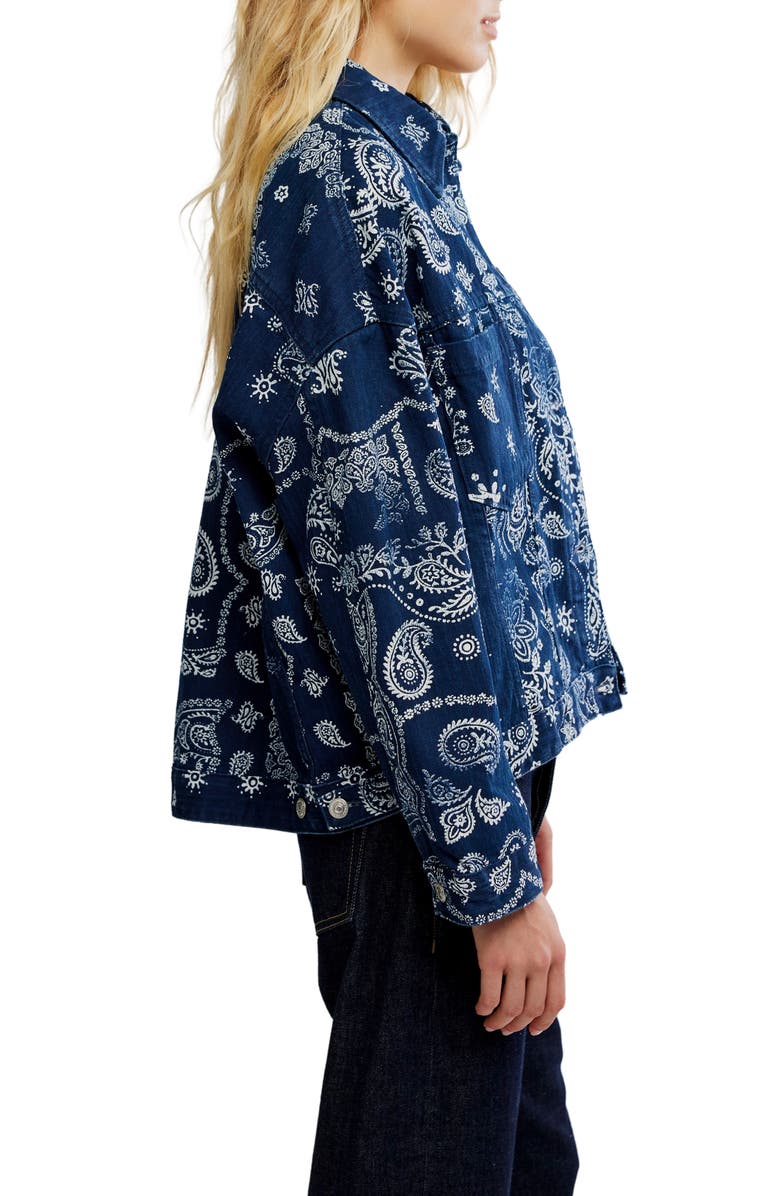 Free People Opal Swing Print Denim Jacket, Alternate, color, Navy Combo- Bandana