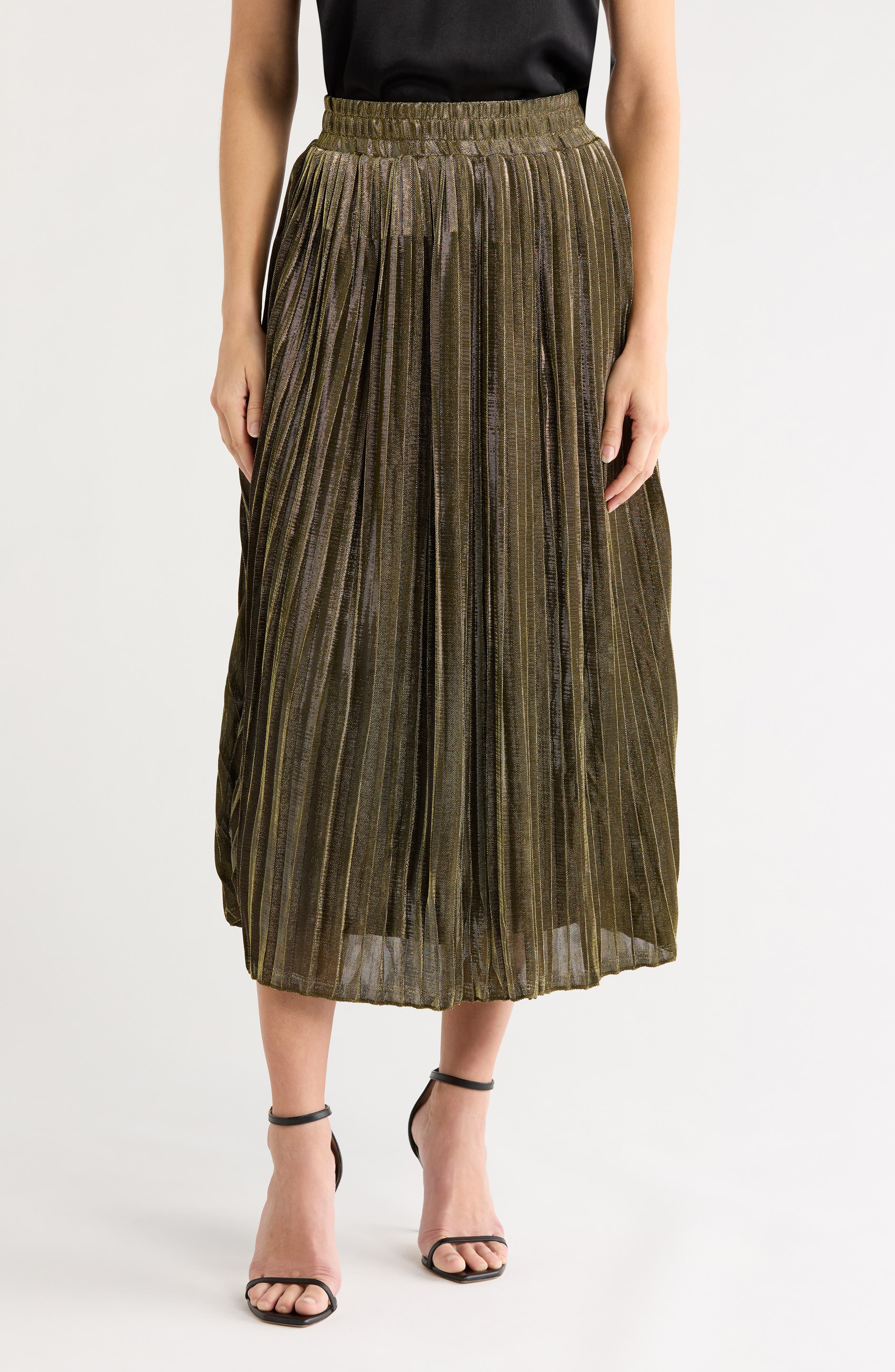 Pleated Lamé Midi Skirt