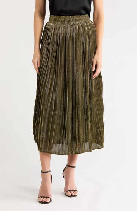Pleated Lamé Midi Skirt