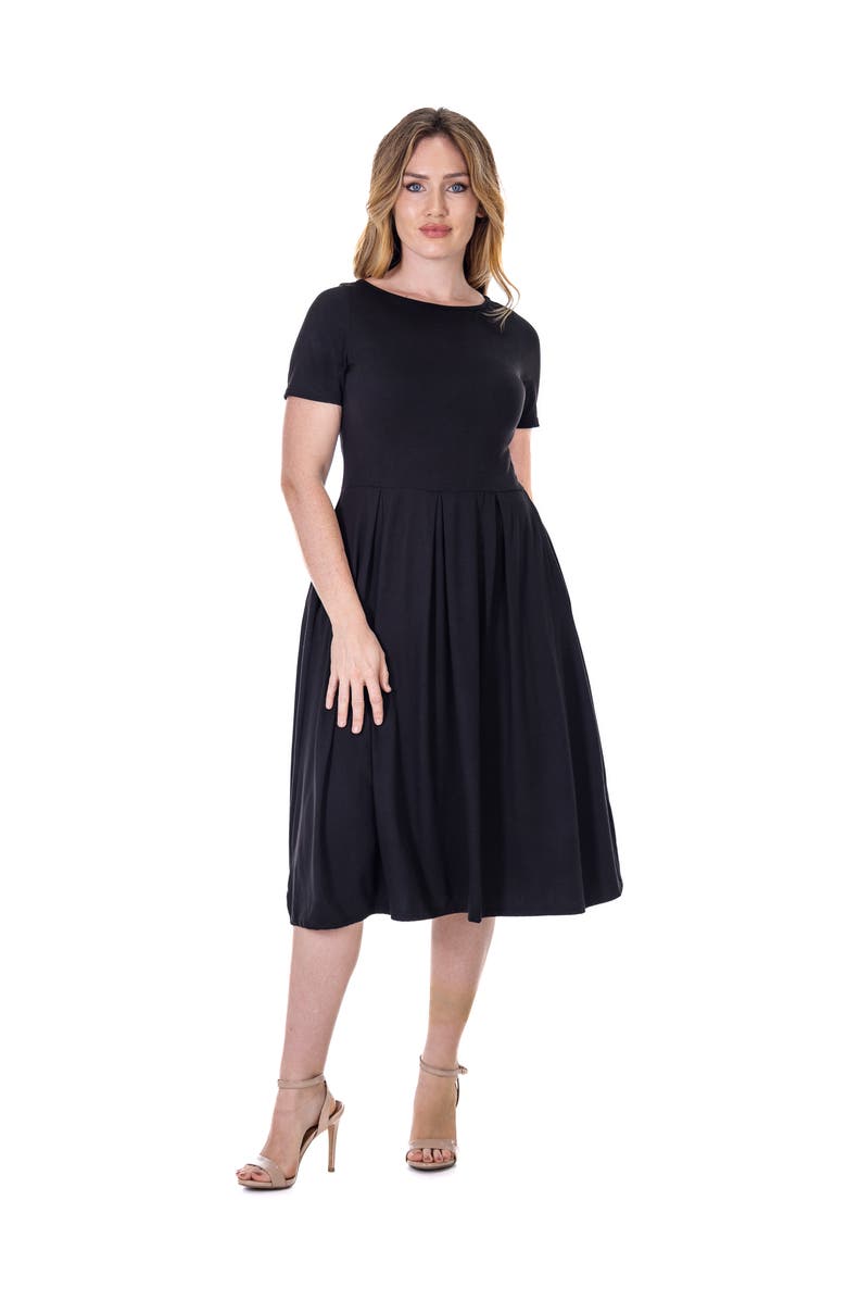 24seven Comfort Apparel Petites Midi Dress with Short Sleeves and Pocket Detail, Main, color, Black