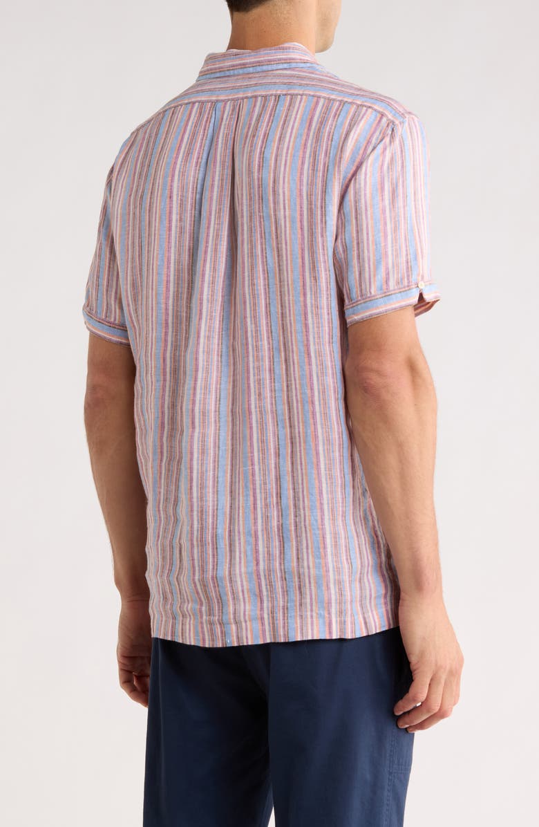 Brooks Brothers Regular Fit Stripe Linen Camp Shirt, Alternate, color, Purple Multi