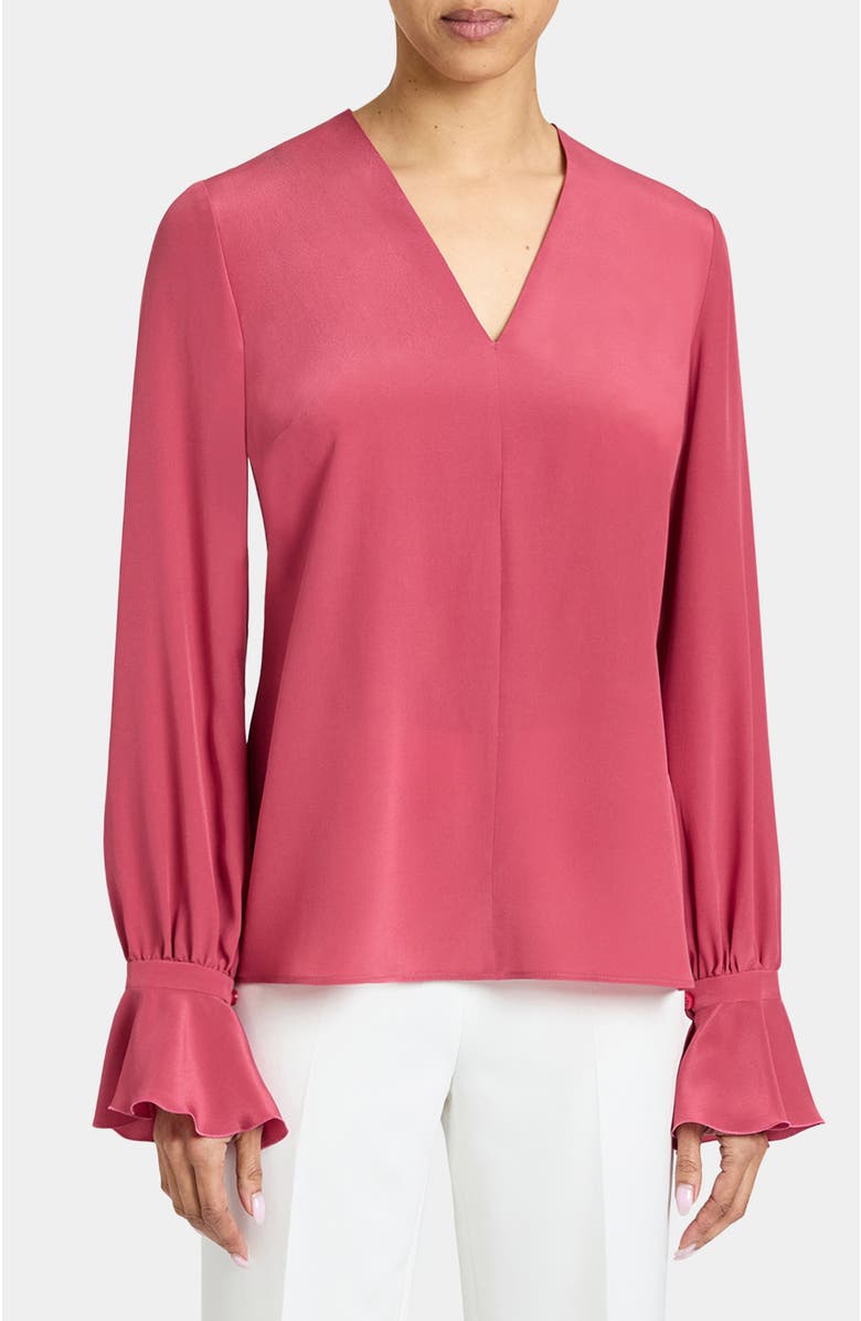 Santorelli Rue Silk Long Sleeve Blouse in Silk Crepe de Chine, Main, color, Peony