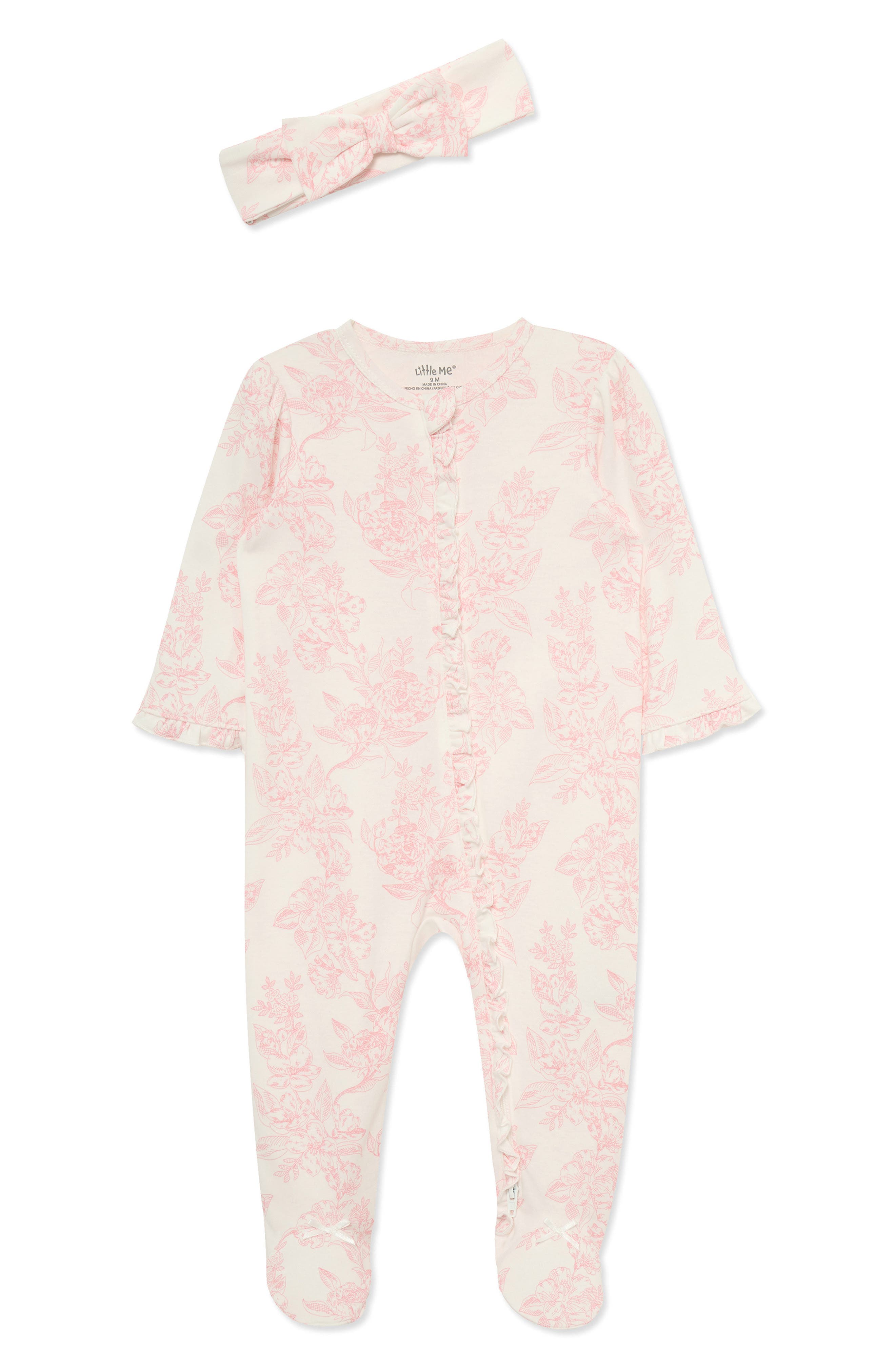 Rose Toile Cotton Footie & Headband Set (Nordstrom Exclusive)