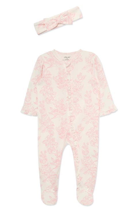 Rose Toile Cotton Footie & Headband Set (Nordstrom Exclusive)