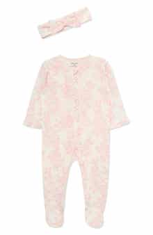 Rose Toile Cotton Footie & Headband Set (Nordstrom Exclusive)