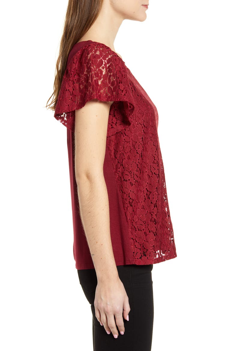 Gibson Glam Flutter Sleeve Lace Front Cotton Blend Top, Alternate, color, BURGUNDY