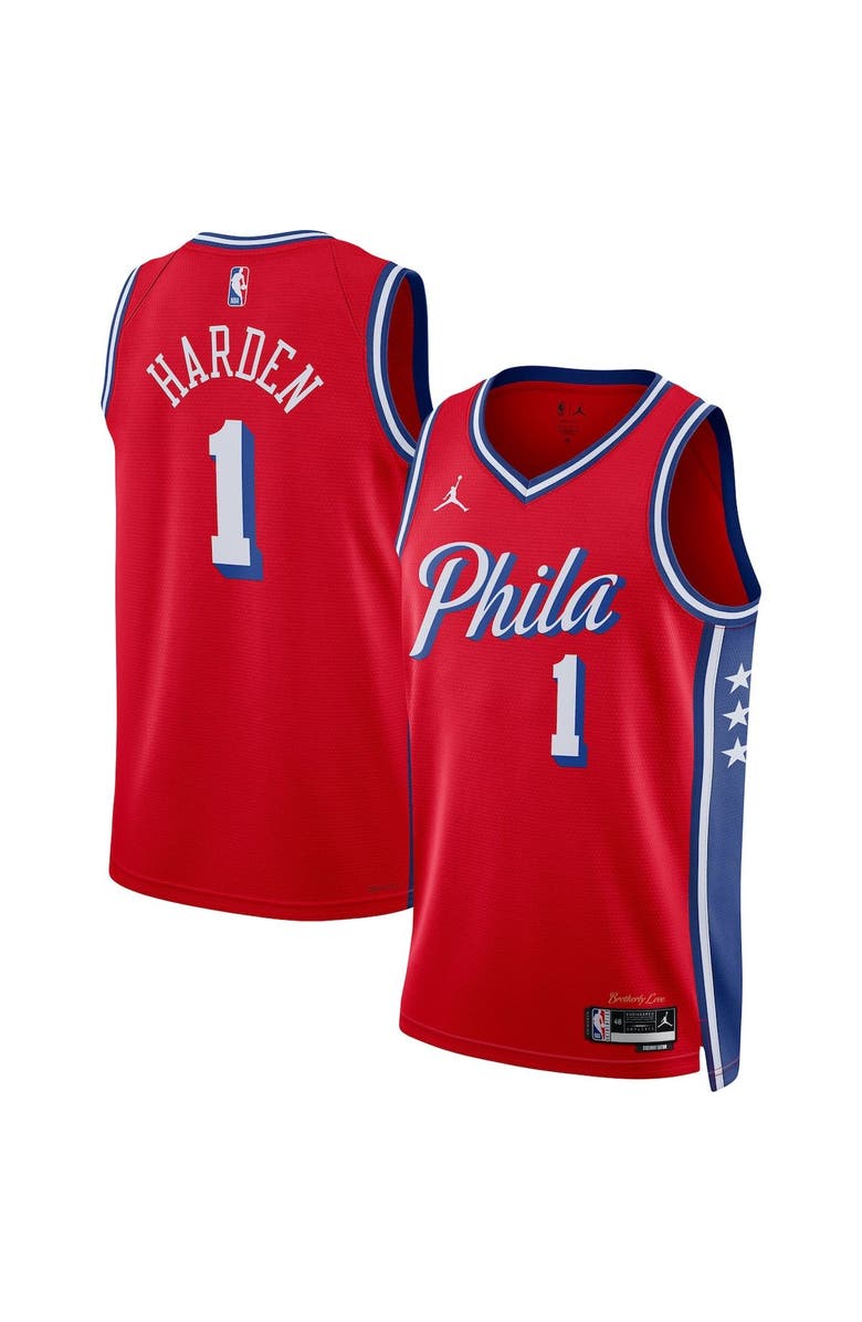 Jordan Brand Unisex Jordan Brand James Harden Red Philadelphia 76ers Swingman Jersey - Statement Edition, Main, color, 