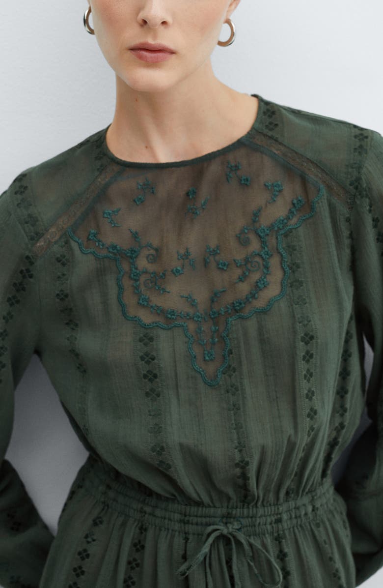 MANGO Embroidered Tie Waist Puff Long Sleeve Minidress, Alternate, color, 