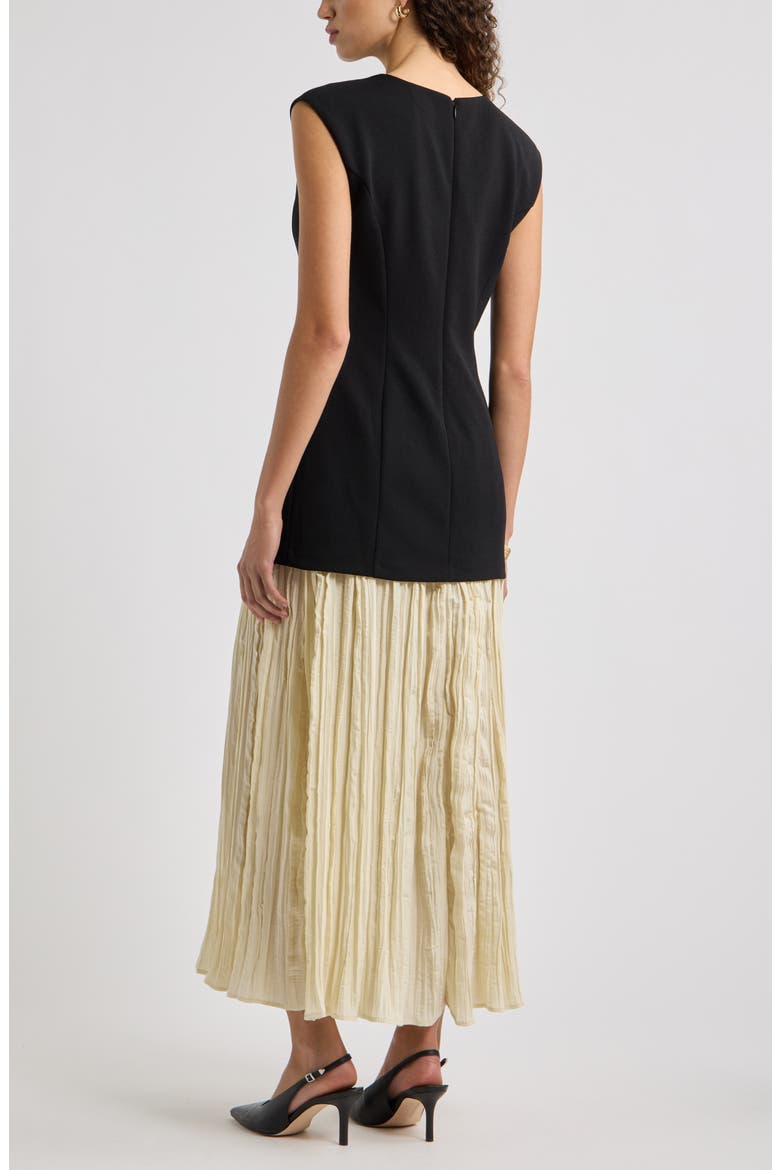 Mixed Media Pleated Dress, Alternate, color, BLACK-BEIGE PORCELAIN