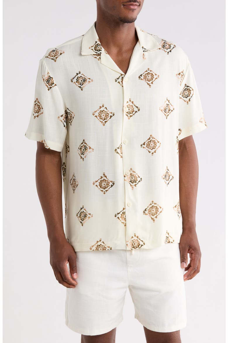 Relaxed Fit Geometric Print Camp Shirt, Main, color, OATMEAL