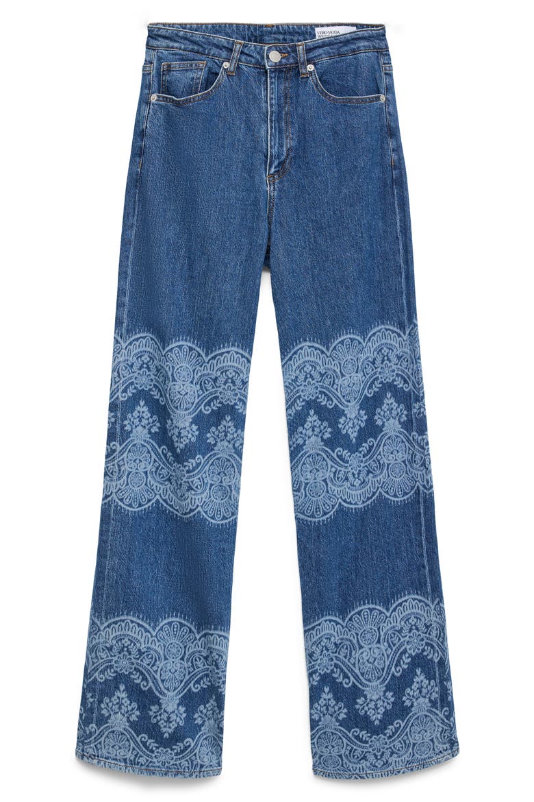 High Waist Laser Print Wide Leg Jeans, Alternate, color, MEDIUM BLUE DENIM LASER LACE