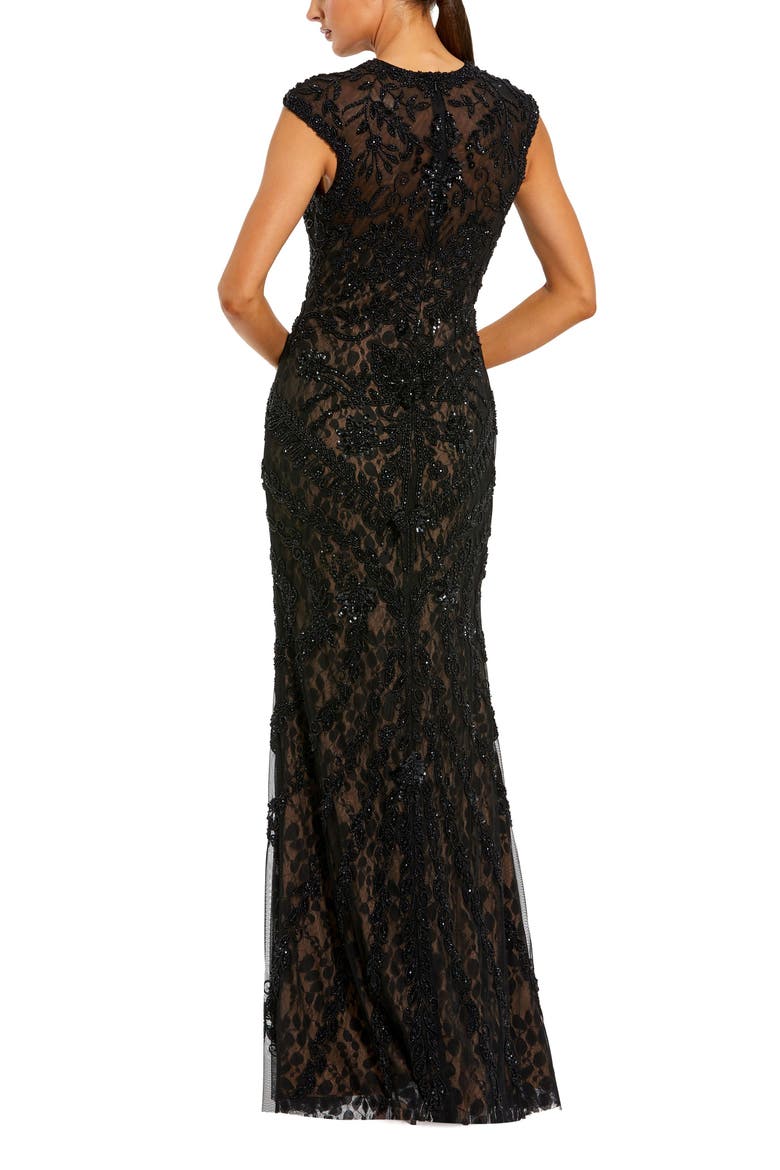 Beaded Lace Mesh High-Neck Sleeveless Column Gown, Alternate, color, Black Nude