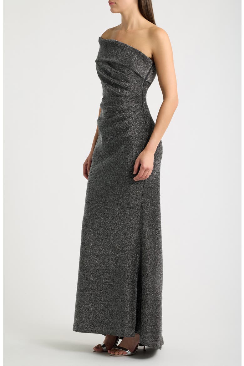 Metallic One-Shoulder Gown, Alternate, color, BLACK SILV