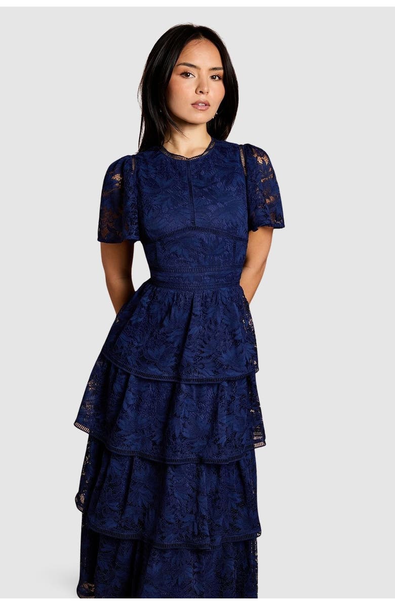Coast Petite Tiered Lace Dress, Alternate, color, Navy